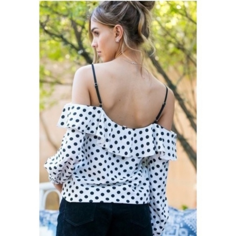 On The Spot Polka Dot Cold Shoulder Blouse Top - Picture 7 of 7